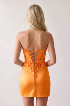 Blue Strapless Embroidered Satin Sheath Ruched Homecoming Dress - Curvevia
