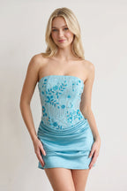 Blue Strapless Embroidered Satin Sheath Ruched Homecoming Dress - Curvevia