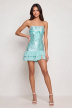 Blue Strapless Metallic Satin Ruffled A-Line Homecoming Dress With Pearl and Bow - Curvevia