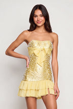 Blue Strapless Metallic Satin Ruffled A-Line Homecoming Dress With Pearl and Bow - Curvevia