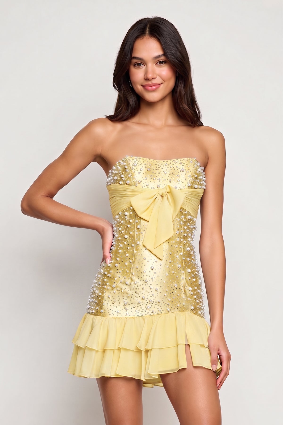 Blue Strapless Metallic Satin Ruffled A-Line Homecoming Dress With Pearl and Bow - Curvevia