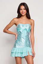 Blue Strapless Metallic Satin Ruffled A-Line Homecoming Dress With Pearl and Bow - Curvevia
