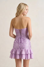Blue Strapless Metallic Satin Ruffled A-Line Homecoming Dress With Pearl and Bow - Curvevia