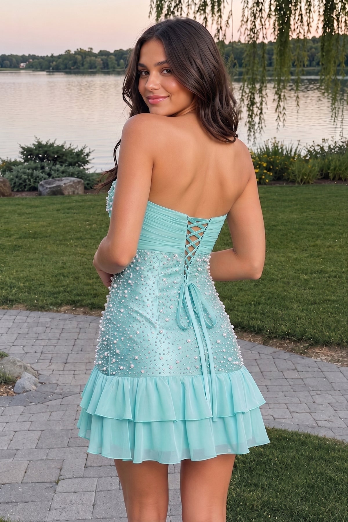 Blue Strapless Metallic Satin Ruffled A-Line Homecoming Dress With Pearl and Bow - Curvevia