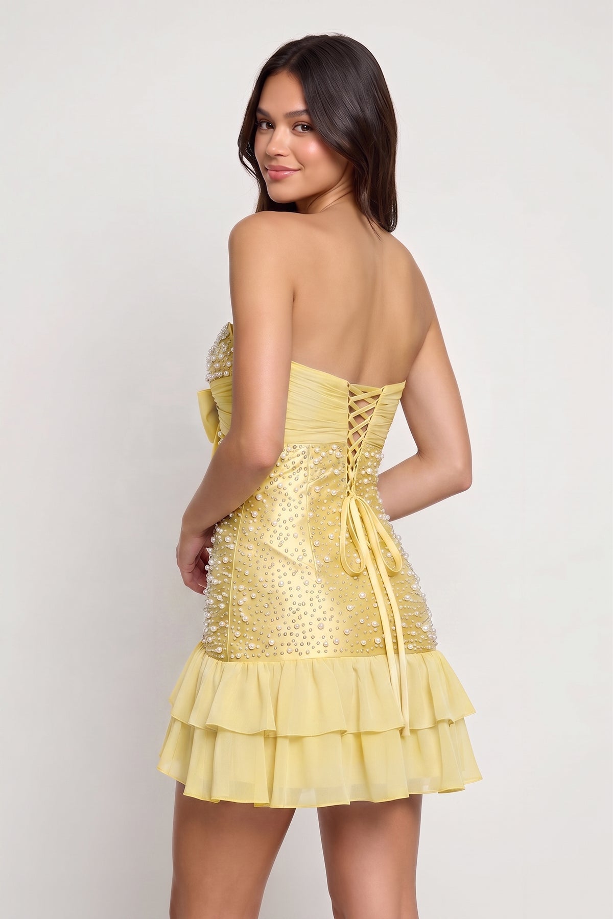 Blue Strapless Metallic Satin Ruffled A-Line Homecoming Dress With Pearl and Bow - Curvevia