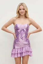 Blue Strapless Metallic Satin Ruffled A-Line Homecoming Dress With Pearl and Bow - Curvevia