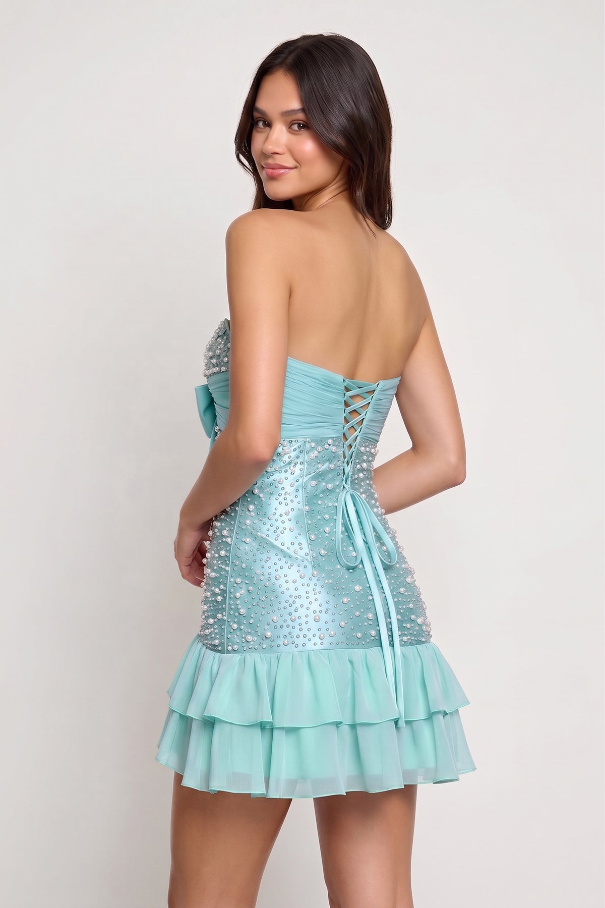 Blue Strapless Metallic Satin Ruffled A-Line Homecoming Dress With Pearl and Bow - Curvevia