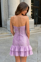 Blue Strapless Metallic Satin Ruffled A-Line Homecoming Dress With Pearl and Bow - Curvevia
