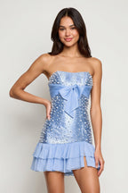 Blue Strapless Metallic Satin Ruffled A-Line Homecoming Dress With Pearl and Bow - Curvevia
