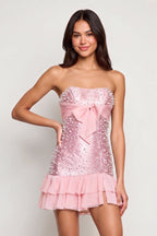Blue Strapless Metallic Satin Ruffled A-Line Homecoming Dress With Pearl and Bow - Curvevia