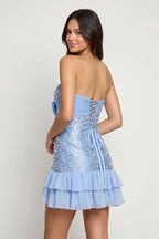 Blue Strapless Metallic Satin Ruffled A-Line Homecoming Dress With Pearl and Bow - Curvevia