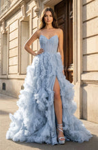 Blue Sweetheart Ruffle Tulle A-Line Long Wedding Guest Dress with Slit - Curvevia