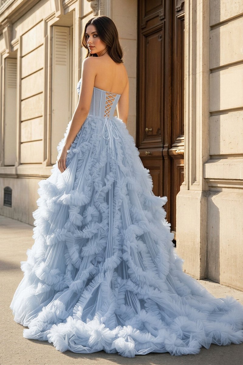 Blue Sweetheart Ruffle Tulle A-Line Long Wedding Guest Dress with Slit - Curvevia
