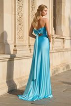 Blue Sweetheart Sheath Satin Cutout Long Prom Dresses With Bow - Curvevia
