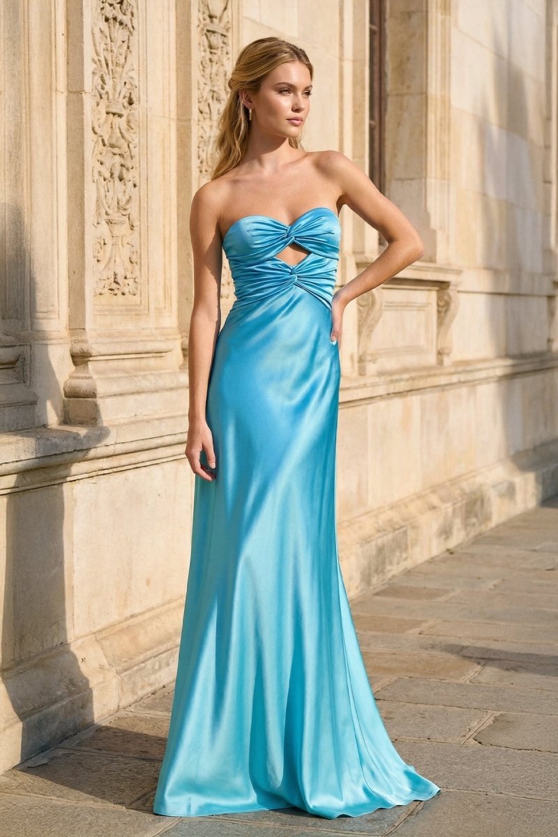 Blue Sweetheart Sheath Satin Cutout Long Prom Dresses With Bow - Curvevia