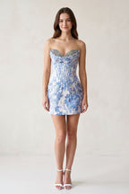Blue Sweetheart Jacquard Sheath Corset Homecoming Dress - Curvevia