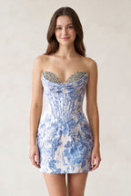Blue Sweetheart Jacquard Sheath Corset Homecoming Dress - Curvevia