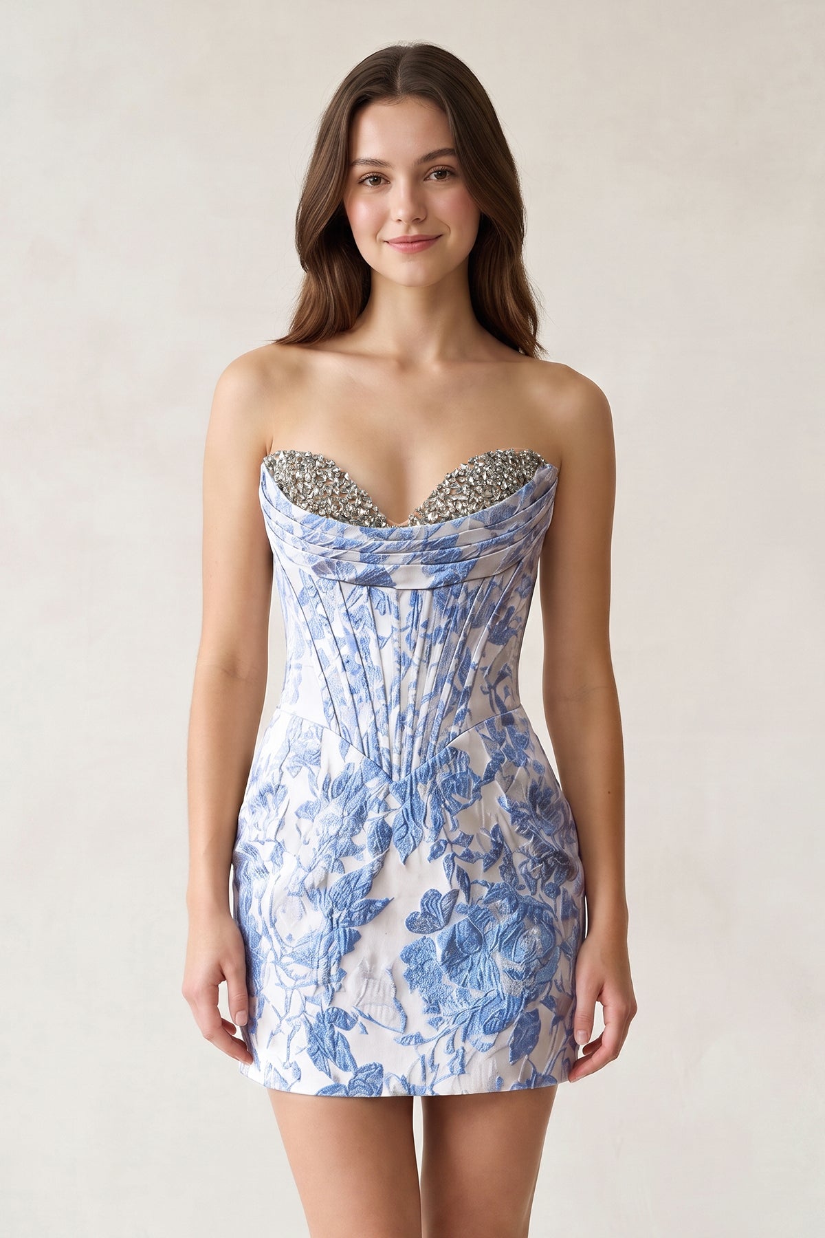 Blue Sweetheart Jacquard Sheath Corset Homecoming Dress - Curvevia