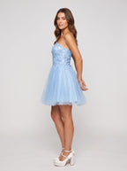 Sky Blue Tulle A-Line One Shoulder Lace-up Short Dress with Beaded Bodice - Curvevia