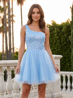 Sky Blue Tulle A-Line One Shoulder Lace-up Short Dress with Beaded Bodice - Curvevia