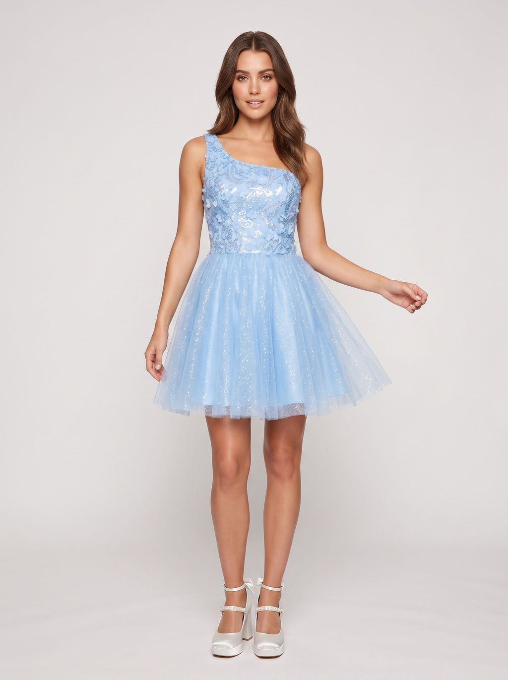 Sky Blue Tulle A-Line One Shoulder Lace-up Short Dress with Beaded Bodice - Curvevia