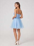 Sky Blue Tulle A-Line One Shoulder Lace-up Short Dress with Beaded Bodice - Curvevia