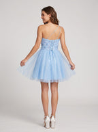 Sky Blue Tulle A-Line One Shoulder Lace-up Short Dress with Beaded Bodice - Curvevia