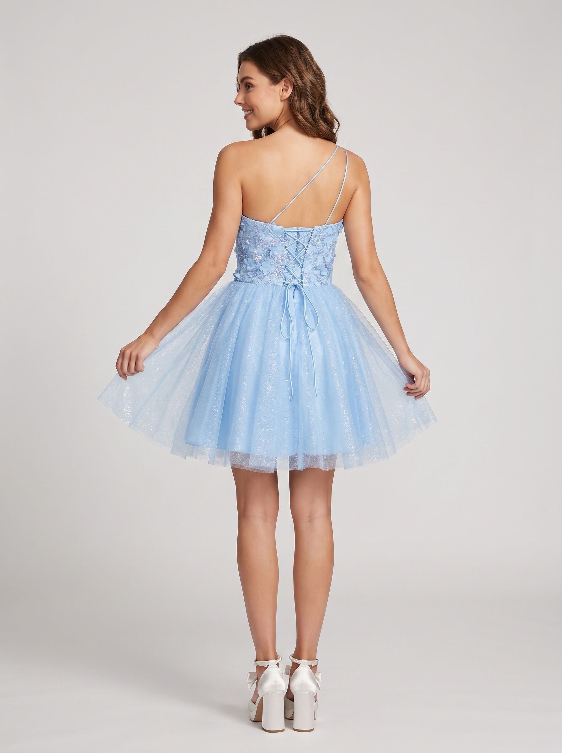 Sky Blue Tulle A-Line One Shoulder Lace-up Short Dress with Beaded Bodice - Curvevia