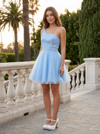 Sky Blue Tulle A-Line One Shoulder Lace-up Short Dress with Beaded Bodice - Curvevia