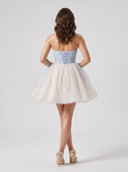 Blue Tulle A-Line Sweetheart Criss-Cross Straps Short Dress with Beaded Butterfly Pattern - Curvevia