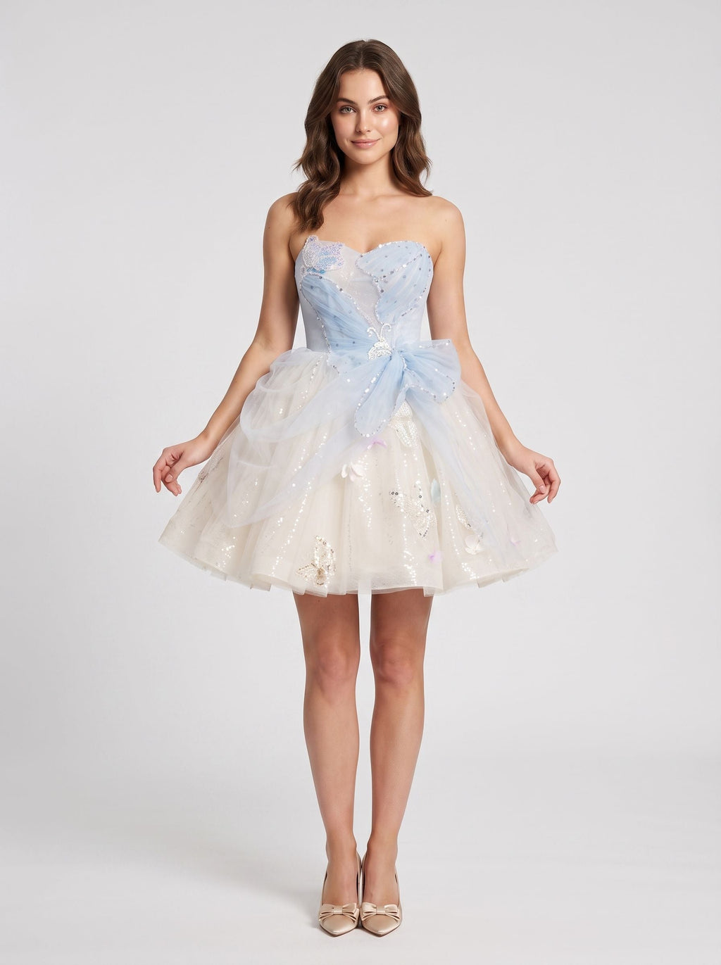 Blue Tulle A-Line Sweetheart Criss-Cross Straps Short Dress with Beaded Butterfly Pattern - Curvevia