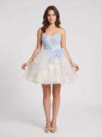Blue Tulle A-Line Sweetheart Criss-Cross Straps Short Dress with Beaded Butterfly Pattern - Curvevia