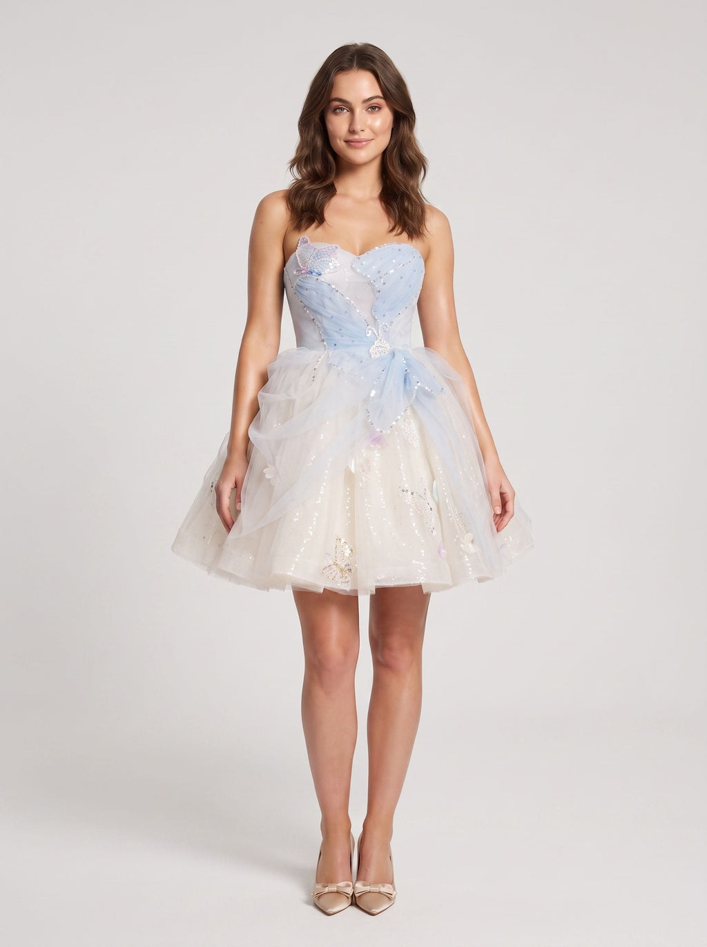 Blue Tulle A-Line Sweetheart Criss-Cross Straps Short Dress with Beaded Butterfly Pattern - Curvevia