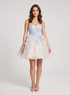 Blue Tulle A-Line Sweetheart Criss-Cross Straps Short Dress with Beaded Butterfly Pattern - Curvevia
