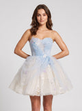 Blue Tulle A-Line Sweetheart Criss-Cross Straps Short Dress with Beaded Butterfly Pattern - Curvevia
