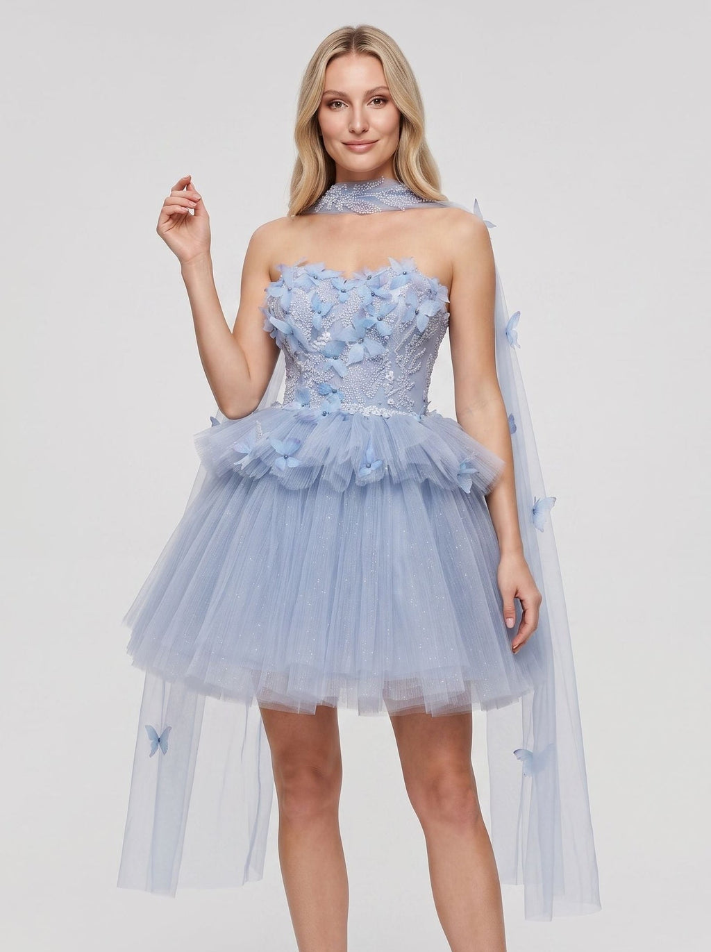 Blue Tulle A-Line Sweetheart Lace-up Short Dress with 3D Butterflies - Curvevia