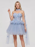 Blue Tulle A-Line Sweetheart Lace-up Short Dress with 3D Butterflies - Curvevia