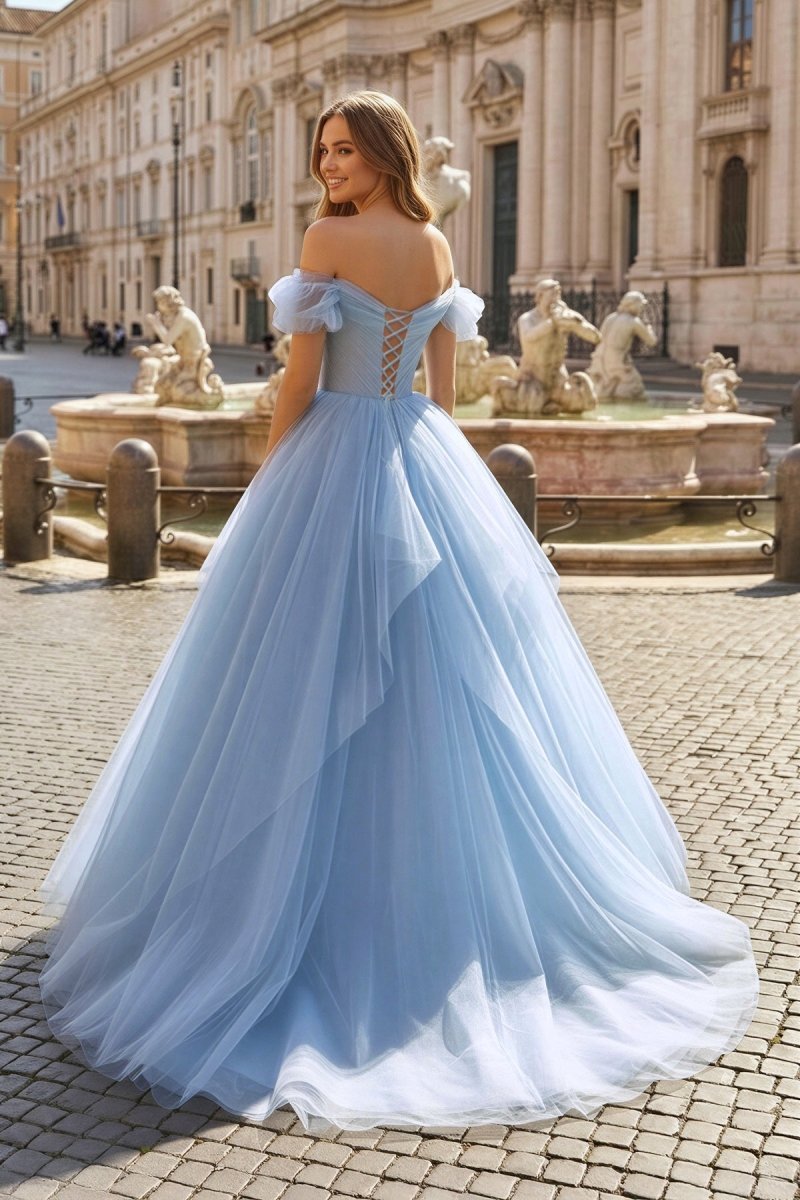 Blue Tulle Floor Length Wedding Guest Dress, Off the Shoulder Wedding Guest Dress with 3D Flowers - Curvevia