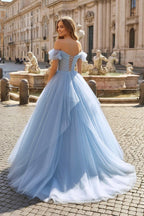 Blue Tulle Floor Length Wedding Guest Dress, Off the Shoulder Wedding Guest Dress with 3D Flowers - Curvevia