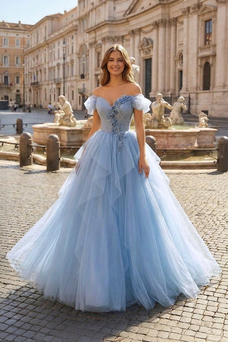Blue Tulle Floor Length Wedding Guest Dress, Off the Shoulder Wedding Guest Dress with 3D Flowers - Curvevia