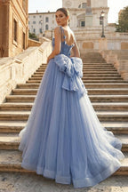 Blue Tulle Long A-Line Wedding Guest Dress Blue Spaghetti Straps Party Dress with Bow - Curvevia