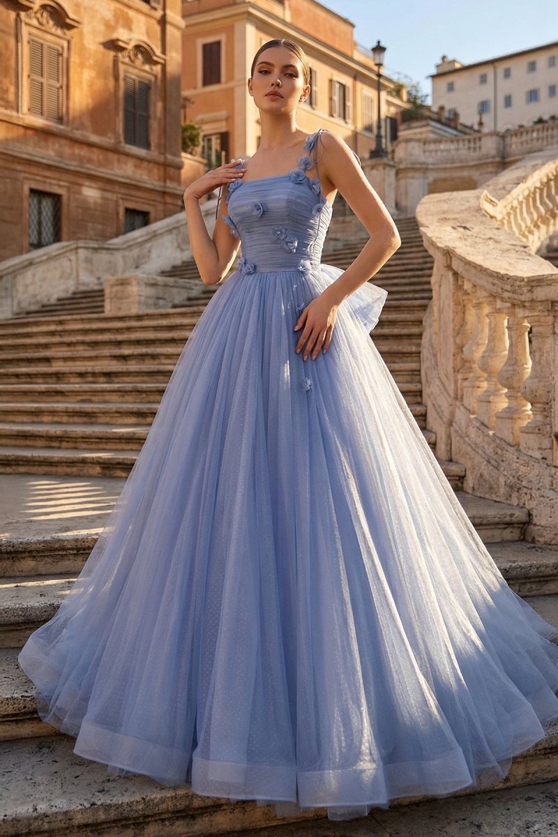 Blue Tulle Long A-Line Wedding Guest Dress Blue Spaghetti Straps Party Dress with Bow - Curvevia