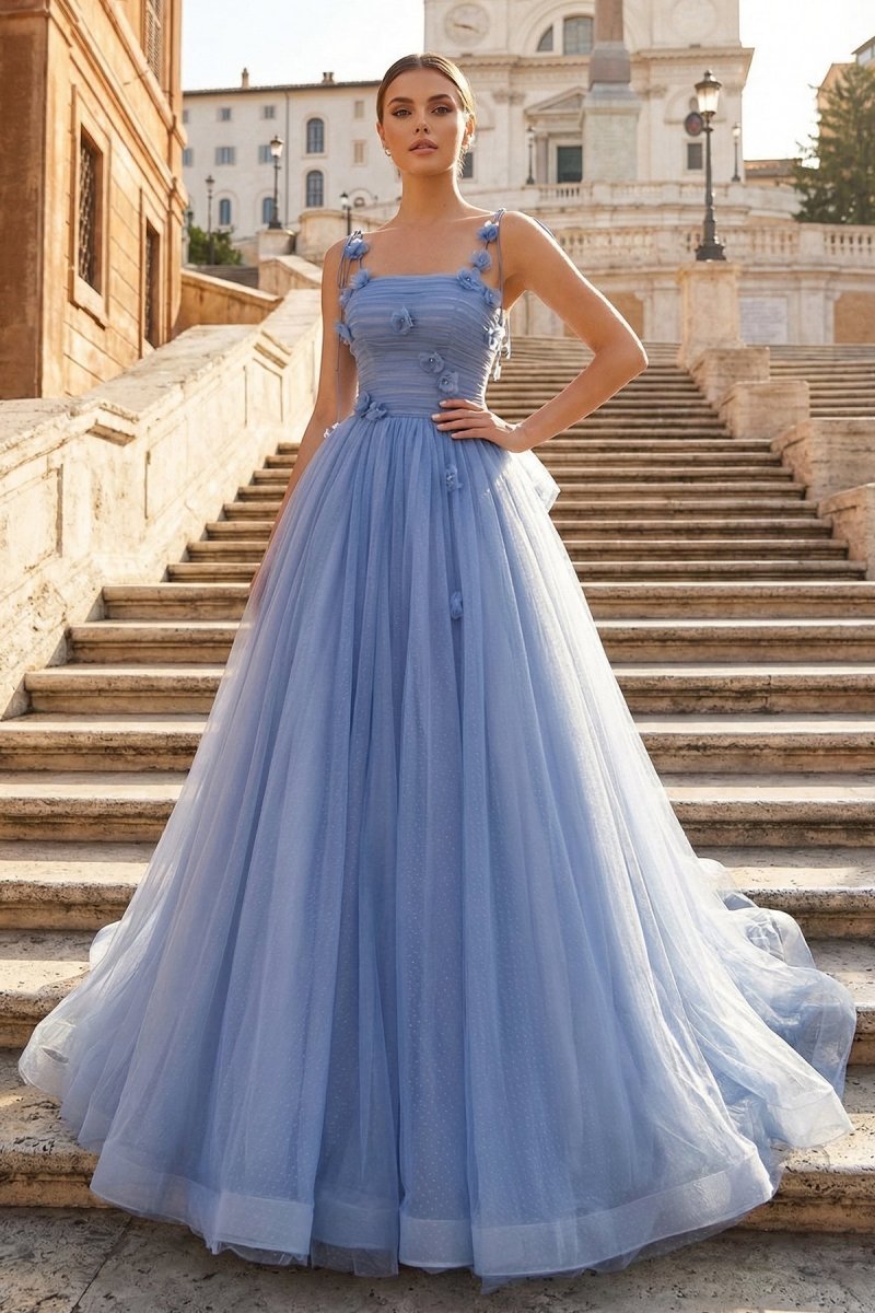 Blue Tulle Long A-Line Wedding Guest Dress Blue Spaghetti Straps Party Dress with Bow - Curvevia
