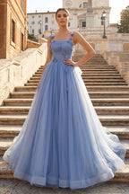 Blue Tulle Long A-Line Wedding Guest Dress Blue Spaghetti Straps Party Dress with Bow - Curvevia