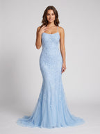 Sky Blue Tulle Mermaid Scoop Neck Neck Lace-up Floor-Length Dress with Lace Appliques - Curvevia