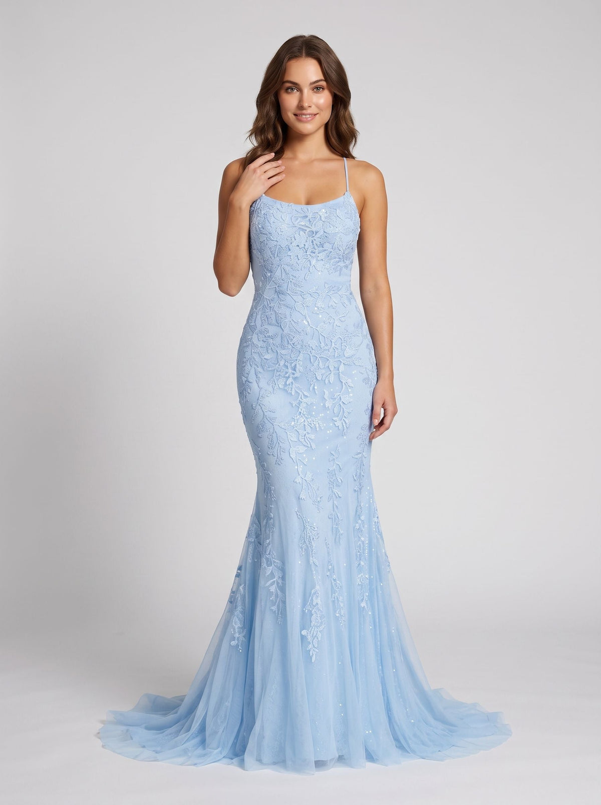 Sky Blue Tulle Mermaid Scoop Neck Neck Lace-up Floor-Length Dress with Lace Appliques - Curvevia
