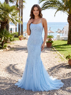Sky Blue Tulle Mermaid Scoop Neck Neck Lace-up Floor-Length Dress with Lace Appliques - Curvevia