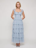 Mist Tulle A-Line Square Neck Backless Ankle-Length Dress with Tiered Ruffle Skirt and Front Cut-out - Curvevia