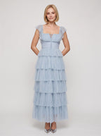 Mist Tulle A-Line Square Neck Backless Ankle-Length Dress with Tiered Ruffle Skirt and Front Cut-out - Curvevia