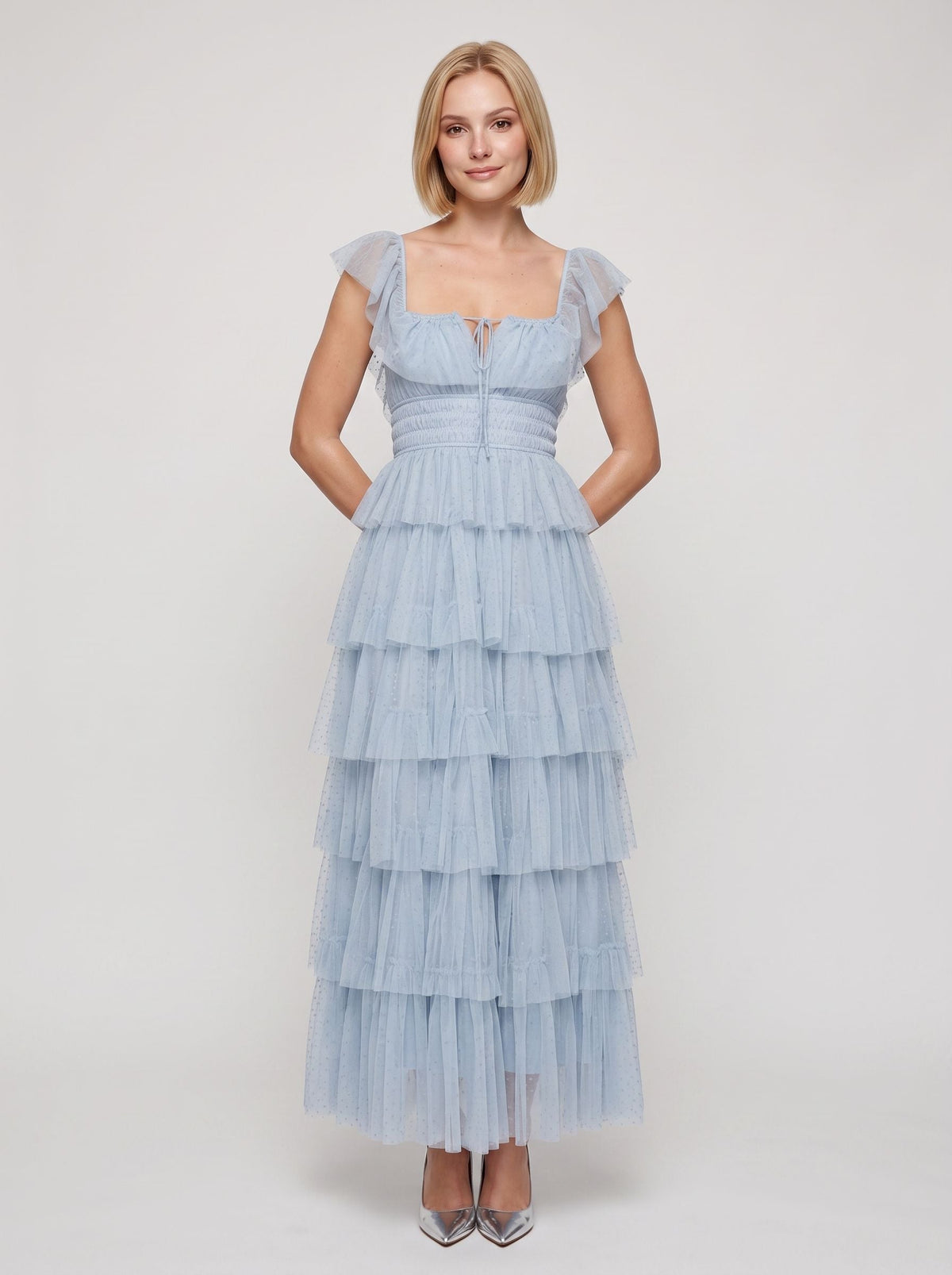 Mist Tulle A-Line Square Neck Backless Ankle-Length Dress with Tiered Ruffle Skirt and Front Cut-out - Curvevia